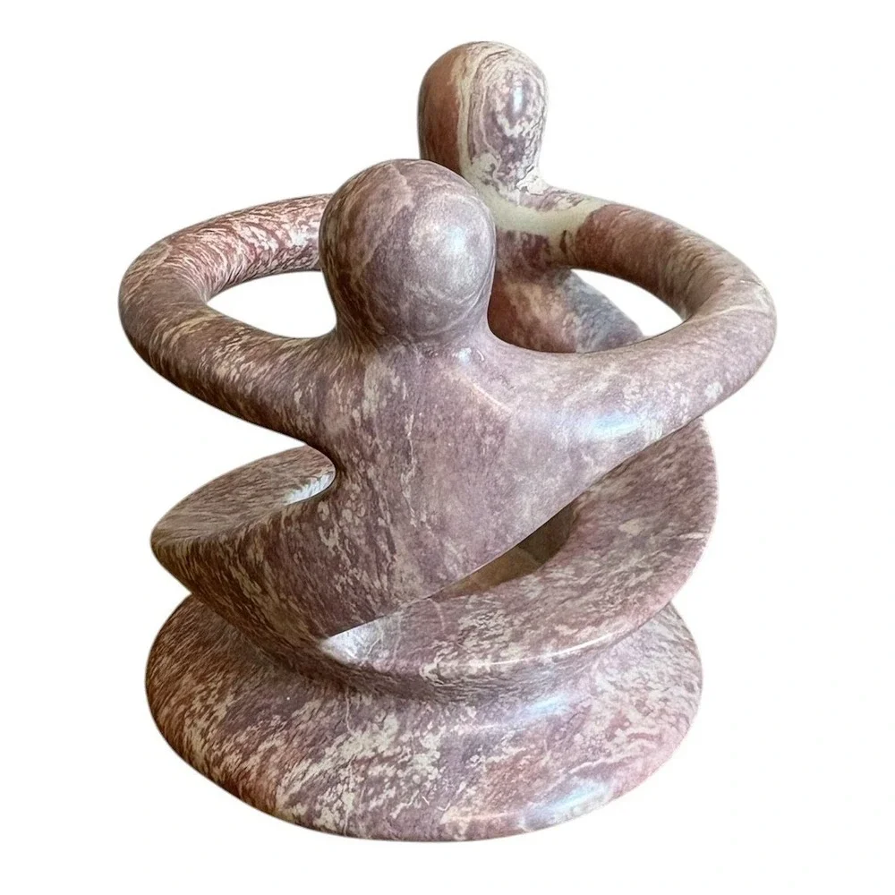 Abstract Soapstone Sculpture Two Figures Circle Candle Holder Pink Carved Stone